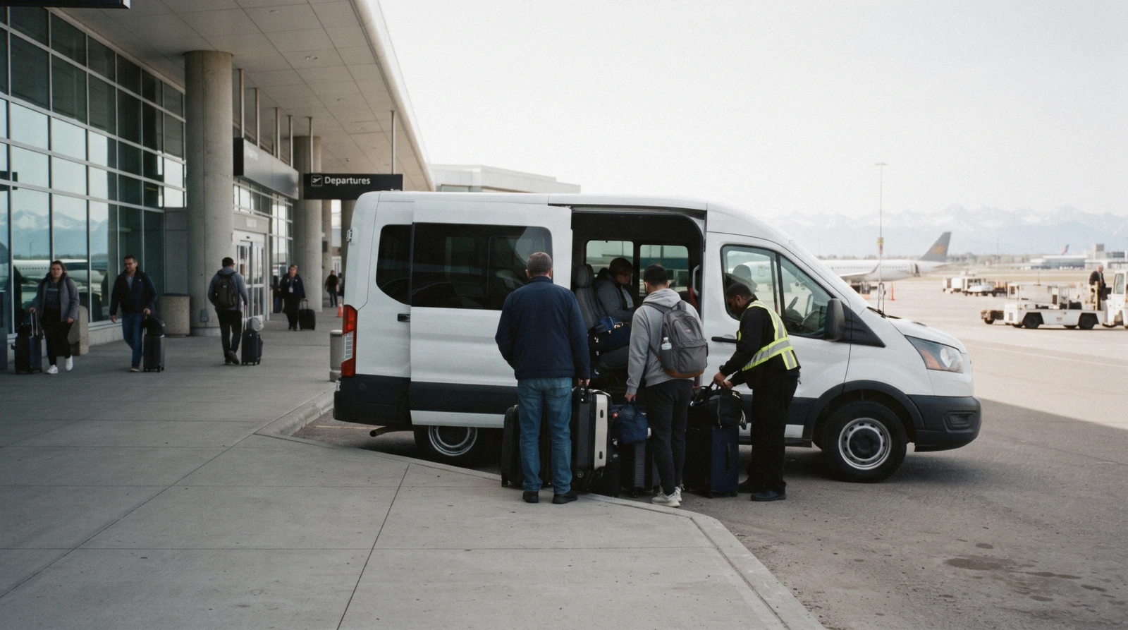 A Banff airport transfer vehicle on the Trans-Canada Highway between Calgary YYC and the Bow Valley