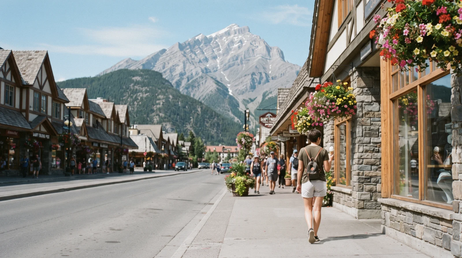 Banff Avenue shops under Cascade Mountain in Banff