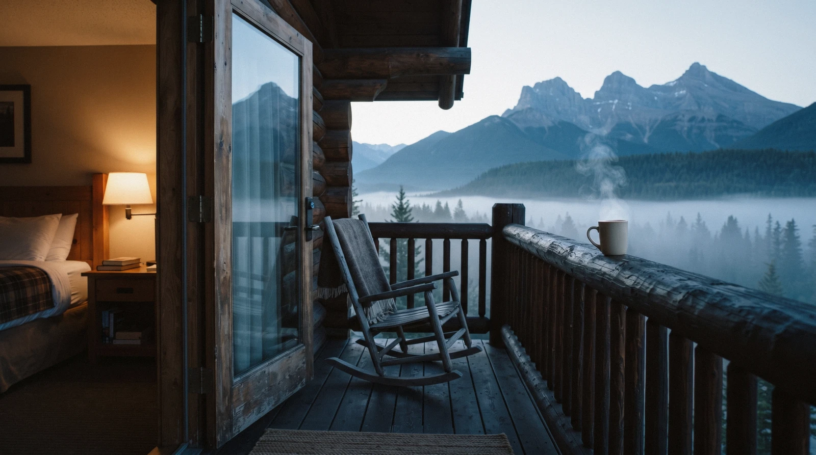 Hotel rooftops and the Bow River valley in the town of Banff, where Banff hotels fill up through the summer season