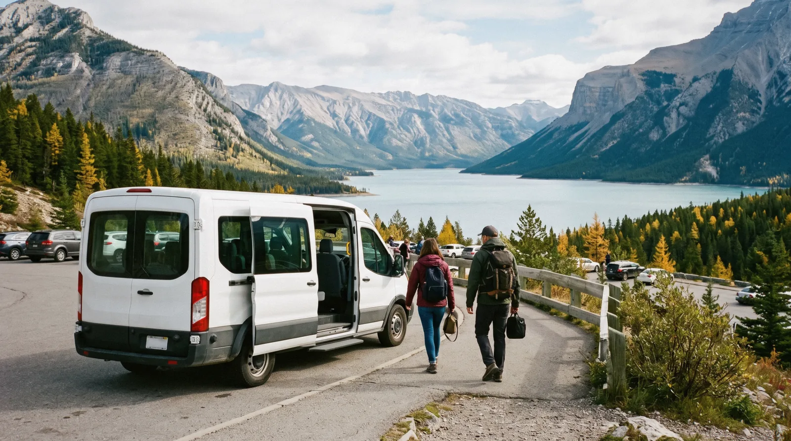 Tour buses and shuttle vans lined up in Banff before a day of banff tours into the national park.