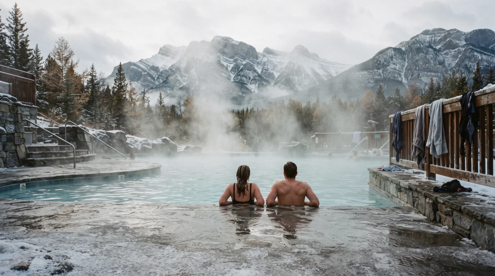 Steam rising from the outdoor pool at Banff Upper Hot Springs below the mountain endwall on Sulphur Mountain