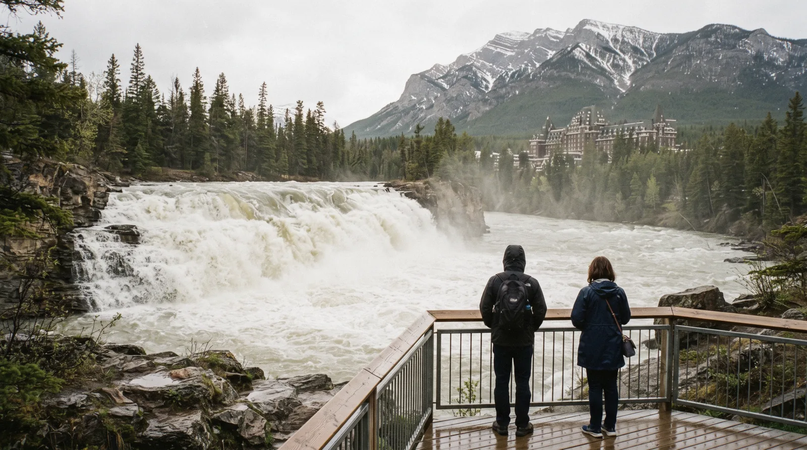 Bow Falls Banff pouring in a wide curtain below the Banff Springs hotel on the Bow River.