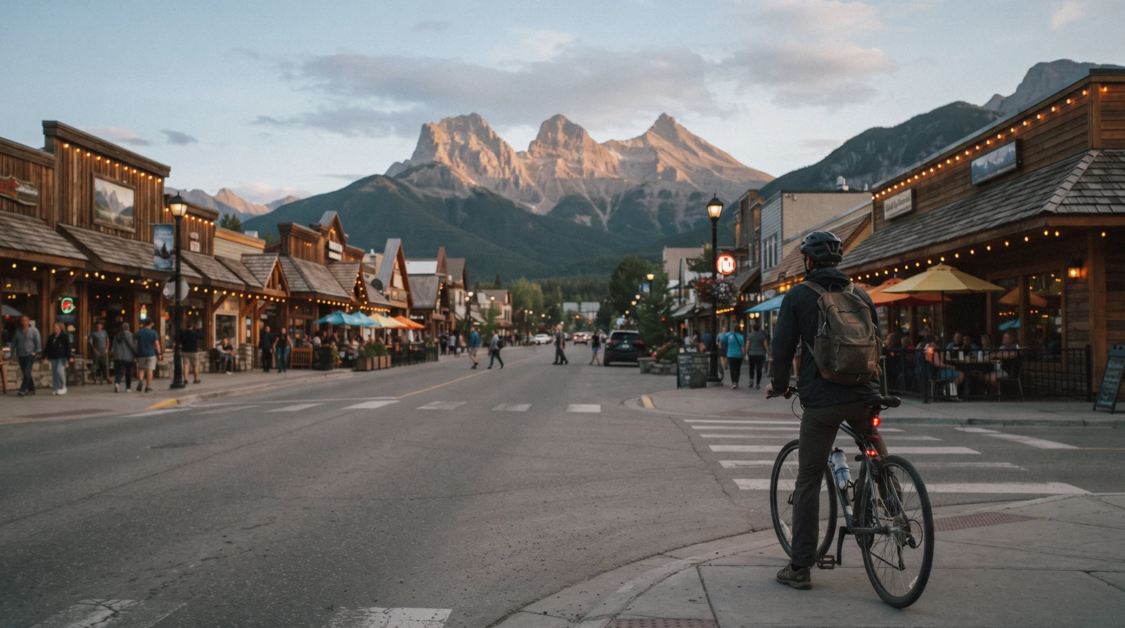 Canmore main street with the Three Sisters peaks