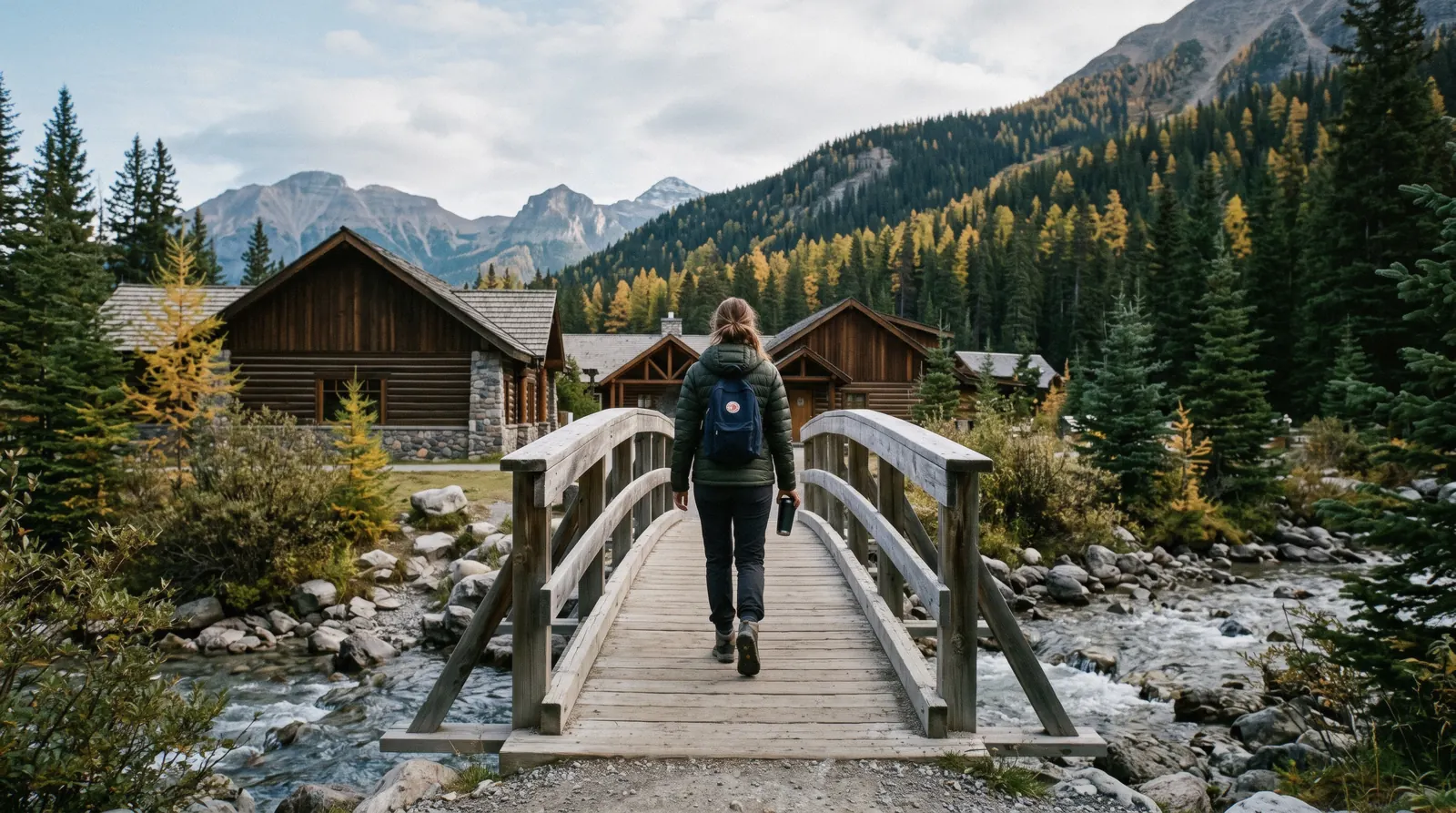 The buildings of Lake Louise village sit in the Bow Valley forest below the lake and beside the Trans-Canada Highway.