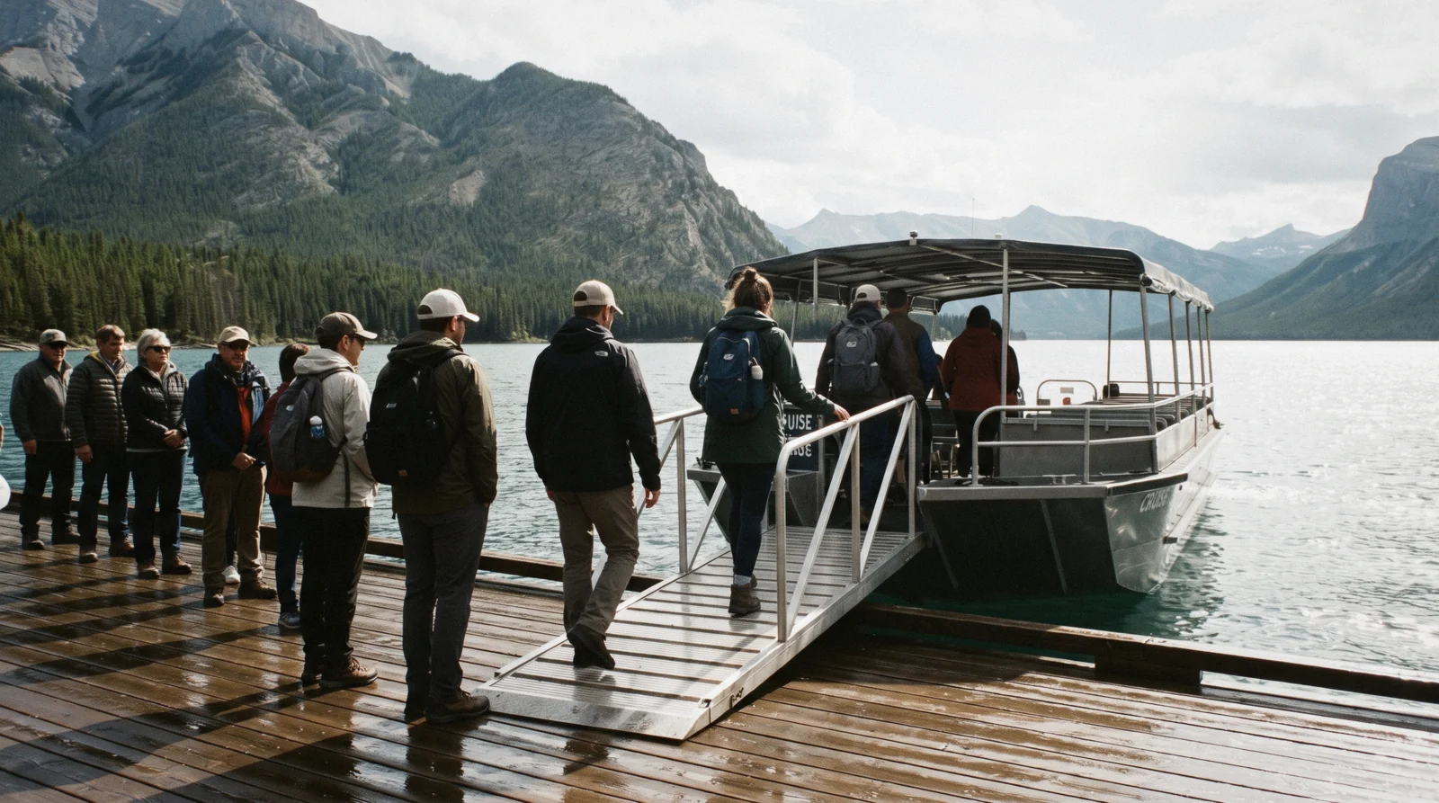 A tour boat crossing the wide turquoise water of Lake Minnewanka in Banff National Park, ready for a Lake Minnewanka cruise departure.