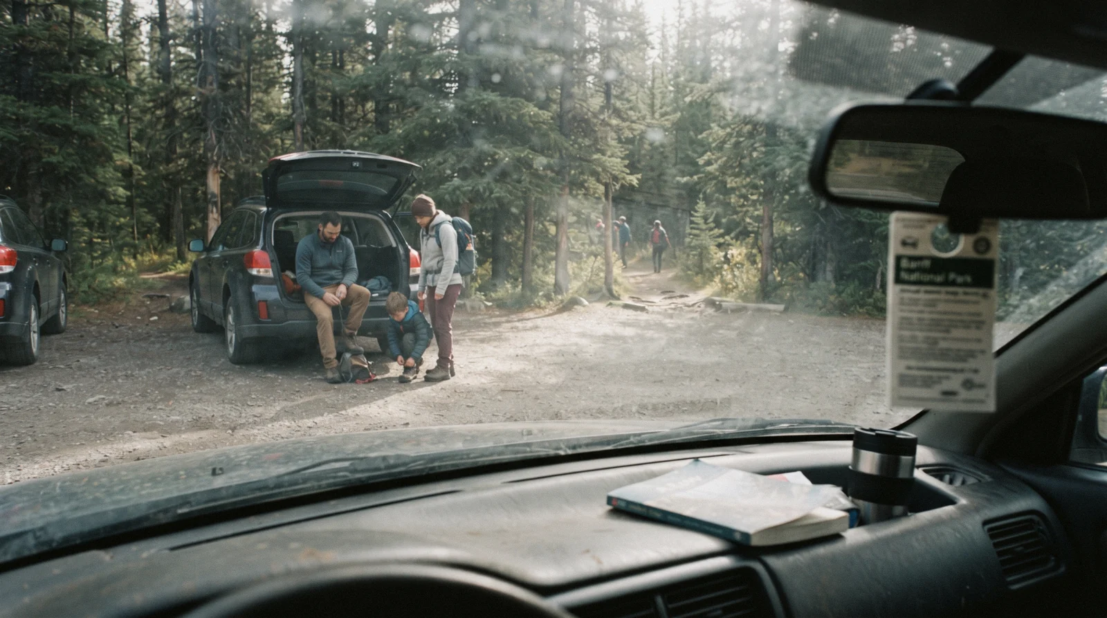 A Banff park pass displayed at the windshield of a car waiting at a Banff National Park entrance gate