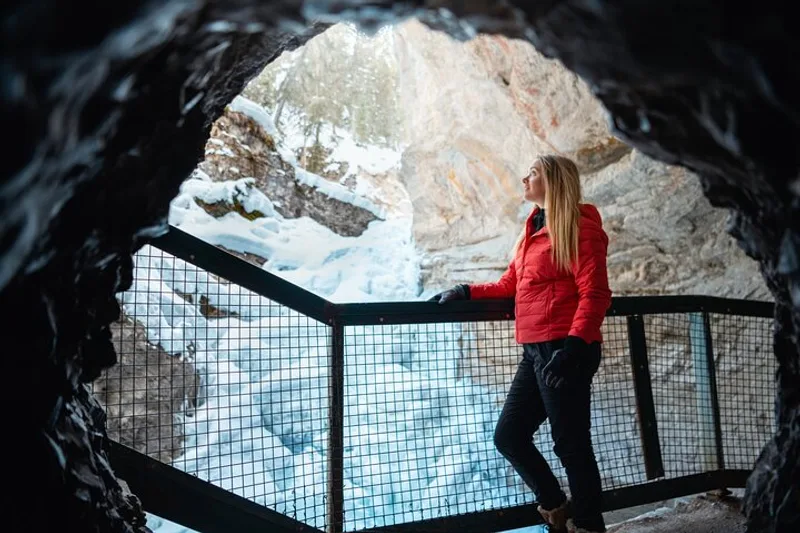Frozen Upper Falls of Johnston Canyon on a guided winter icewalk
