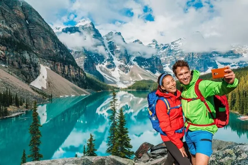 Turquoise waters of Moraine Lake with the Ten Peaks on a Lake Louise and Moraine Lake day trip