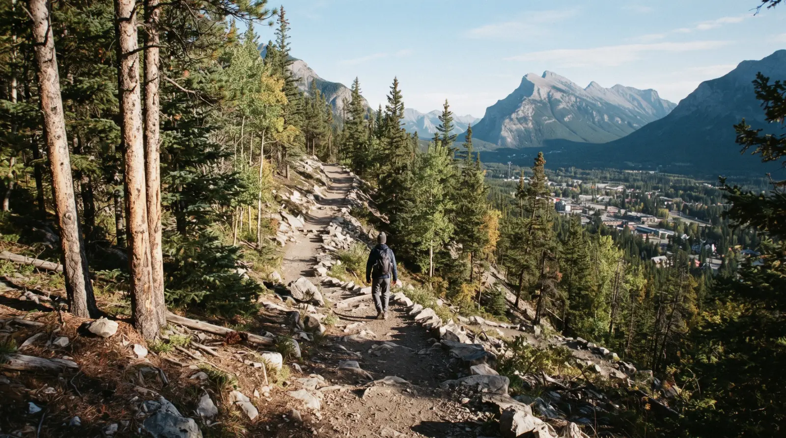 The switchbacks of the Tunnel Mountain hike climbing through forest toward the summit above Banff