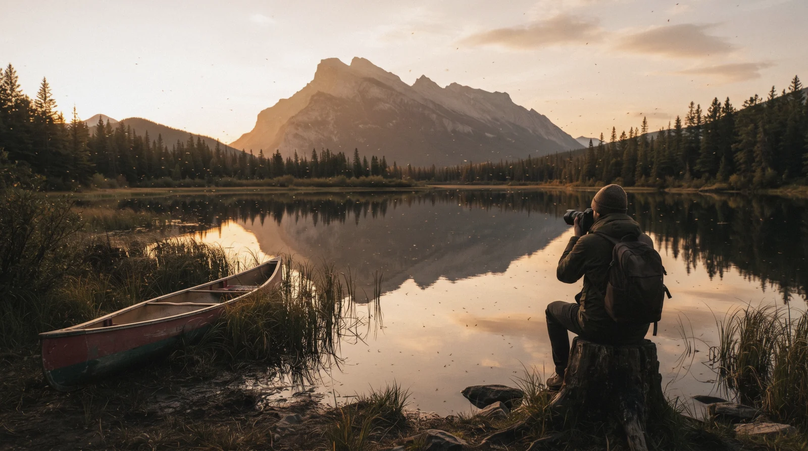 The Vermilion Lakes at sunset with the mirrored face of Mount Rundle above the reeds and calm water.