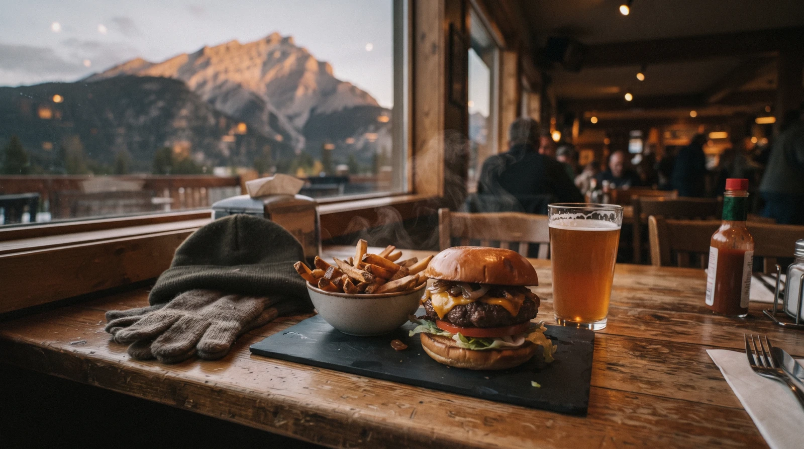 Restaurant tables along Banff Avenue, one of the main streets for banff restaurants in the mountain town.