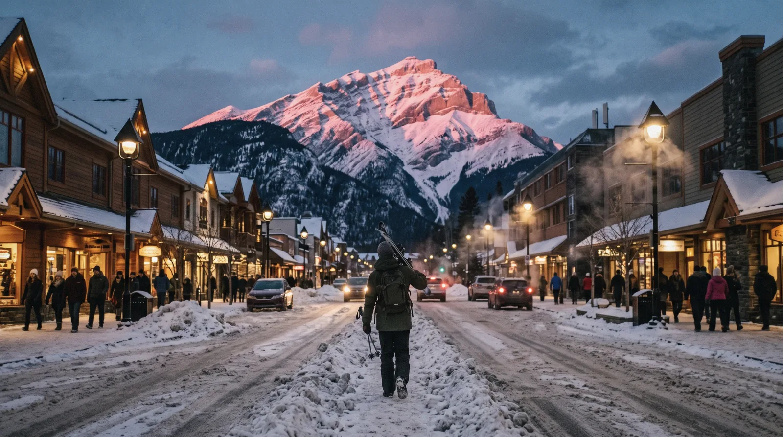 Snow-covered peaks and frozen river banks around the town of Banff in winter.