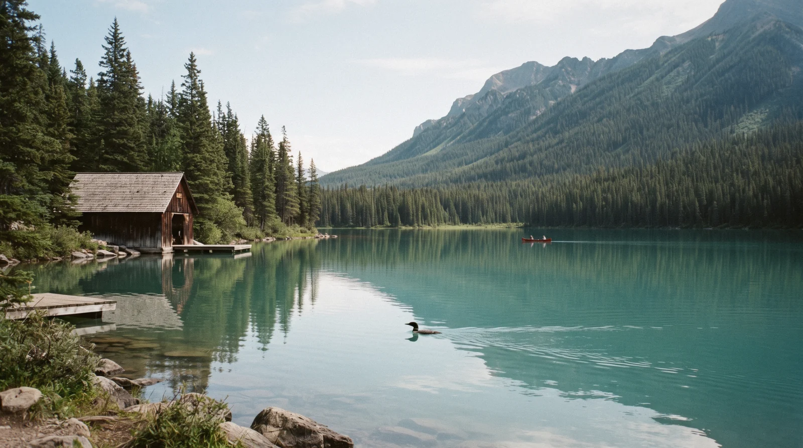 Turquoise water and forested shoreline at Emerald Lake in Yoho National Park, British Columbia